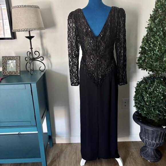 Vintage 70s Jack Bryan Beaded Fringe Lace Gown Dress 10